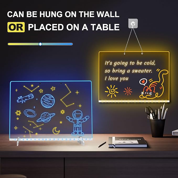 Led Drawing Board for Kids, LED Note Board with Colors,Doodle Glow Drawing Board, 13.7"X10" 6 Modes & 8 Colors, Light Up Drawing Board, Led Writing Board with Battery Pack for Home/Office/Decor