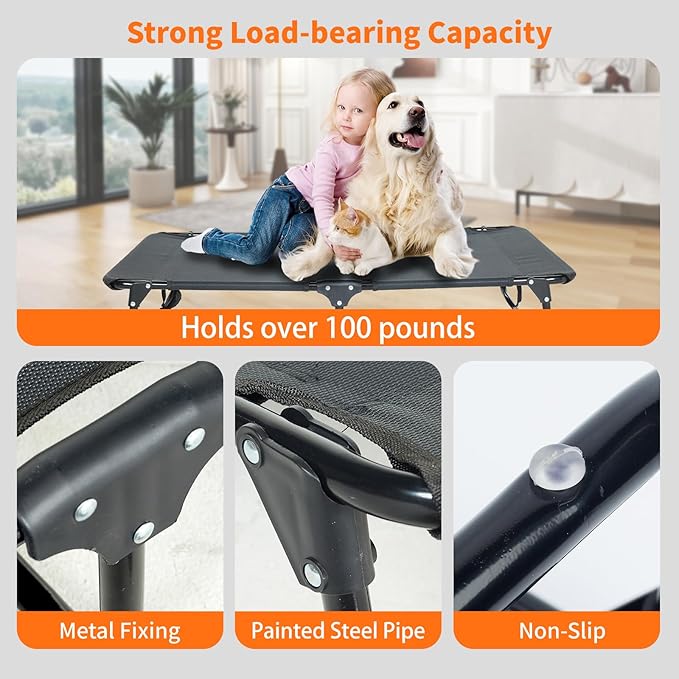 Elevated Dog Bed for Large Pet with No-Slip Feet, Foldable Portable Washable Raised Bed for Indoor&Outdoor Camping Dog Cot, with Cooling Waterproof Breathable Mesh (Medium, Black-Textilene)