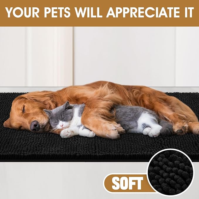 IM HOME Extra Large 60" x 36" Black Dog Door Mats for Muddy Paws, Chenille Absorbent Dog Mat, Non Slip Heavy Mud Mat for Dogs, Soft Pet Bed Mat for Entryway, Mud Paws, Inside Floor