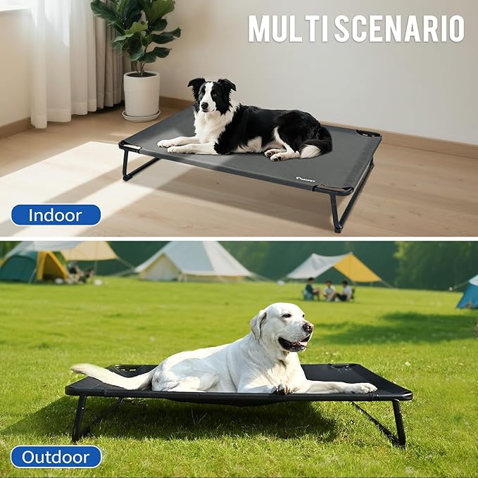 Cooling Elevated Dog Bed, Raised Outdoor Dog Bed Waterproof Pet Beds Cots Stable and Easy Assembly, Teslin Fabric with 1.2mm Thick Iron Frame, Breathable, Ultra-Sturdy，Black, 42 * 28 * 7.9