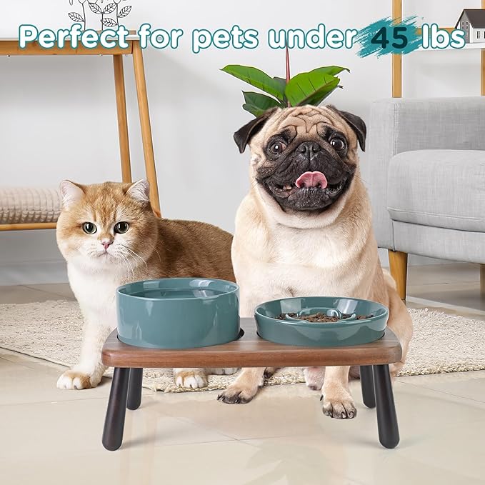 SPUNKYJUNKY Ceramic Elevated Dog Bowls with Slow Feeder Raised with Acacia Bamboo Wooden Stand, 6.1'' Dog and Cat Food Water Bowls Set Non-Slip for Small Medium Sized Breed - Dark Green