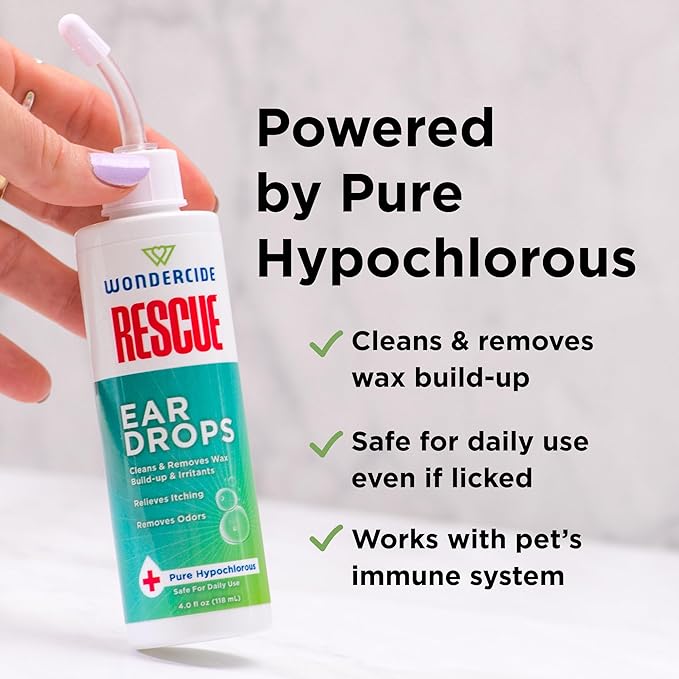Wondercide Rescue - Ear Drops for Pets - Cleans and Removes Wax Build-Up and Irritants for Dogs and Cats - Relieves Itching and Redness with Pure Hypochlorous - 4 oz