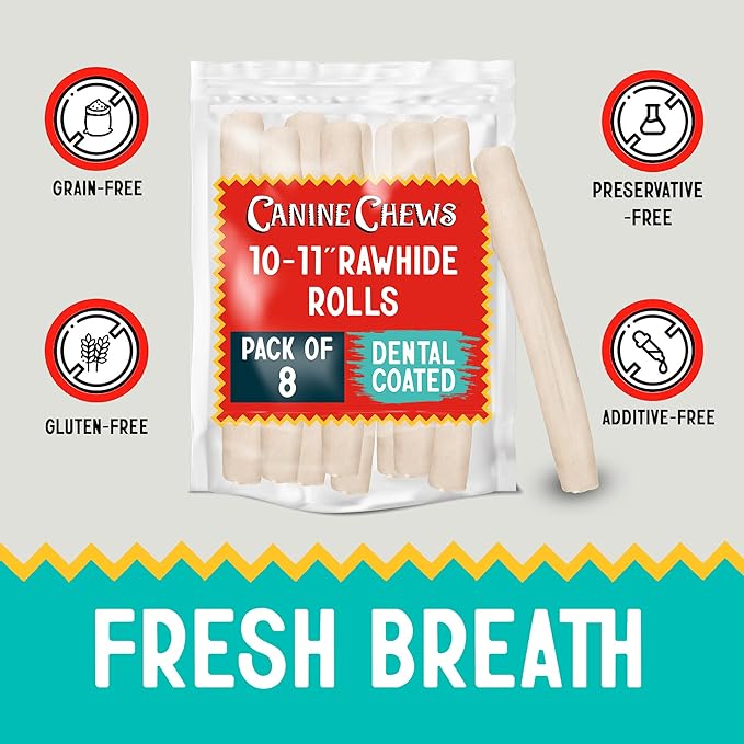 Canine Chews 10-11" Dental Coated Jumbo Rawhide Retriever Rolls (8 Pack) - Breath Freshening & Long Lasting Dental Chews for Dogs Large Size - Teeth Cleaning Dog Treats for Aggressive Chewers