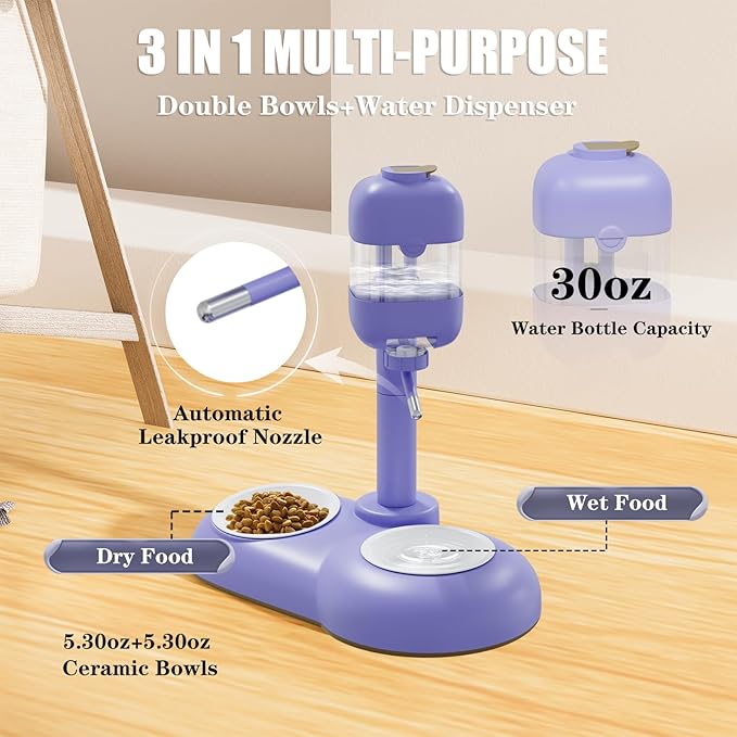 Dog Bowls with Puppy Weaning Bottles,3 in 1 Dog Bowl Set with Water Dispenser and 2 Food Grade Ceramic Bowls for Cats,Bunnies,Ferrets and Small Sized Dogs（Purple）