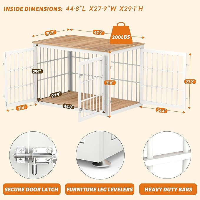 48 Inch Heavy Duty Dog Crate Furniture for Large Dogs, Decorative Pet House End Table, Extra Large Wooden Cage Kennel Furniture Indoor, Natural and White