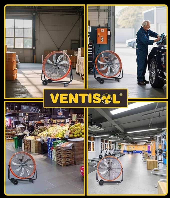 VENTISOL 24 Inch Industrial Floor Drum Fan, 9500 CFM Heavy Duty Floor Fan with 8 Blades, 3-Speed High Velocity Shop Fan, Metal Fans for Warehouse, Patios, Garage