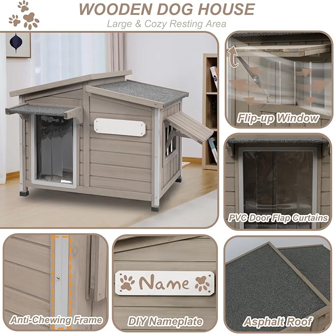43" L Outdoor Extra Large Dog House with Removable Floor, Raised Feet, Anti-Chewing Iron Frame – Wooden Kennel with Asphalt Roof, Window for Indoor/Outdoor Use, Ideal for Medium to Large Dogs