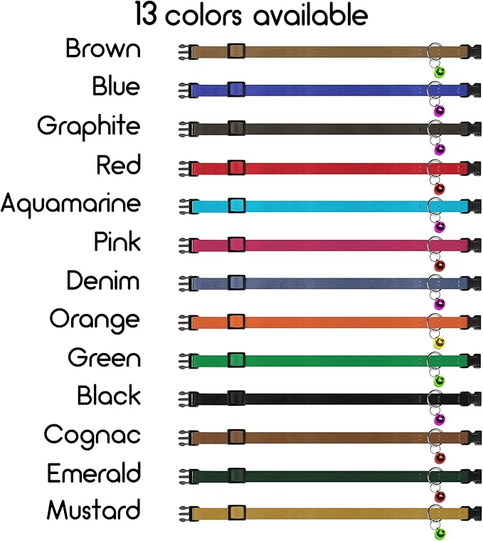 Breakaway Cat Collar Leather with Removable Bell - 13 Colors Available - Soft Adjustable Girl Boy Safety Lightweight Pet Kitten Collars Pink Brown Blue Green Red Orange Black (Cognac)