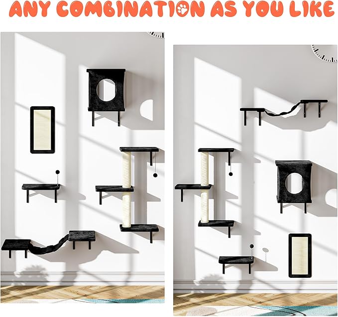 NUNU LAB Wall Mounted Cat Furniture, 5 Pcs Cat Wall Shelves with House, Bridge, Steps, Scratching Post, Shelves, Indoor Safe & Stable Furniture for Kittens Play, Black