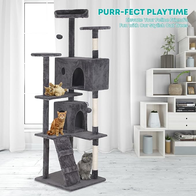 FDW Cat Tree 70in Cat Tower Multi-Level Durable Cat Scratching Post & Cozy Fun Cat Jumping Platform Space Saving Cat Condo Pet Play House for Indoor Cats,Light Gray