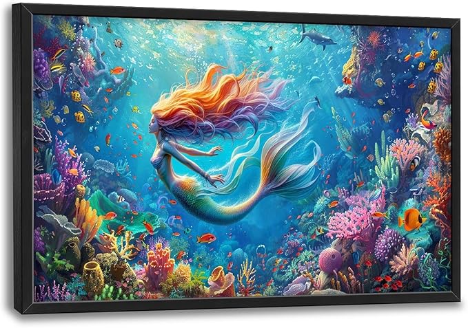 Quorin Mermaid Large Wall Art Sea Ocean Mermaid Pictures Colorful Undersea Wall Decor Canvas Print Painting Artwork for Bathroom Living Room Bedroom 36L x 24W