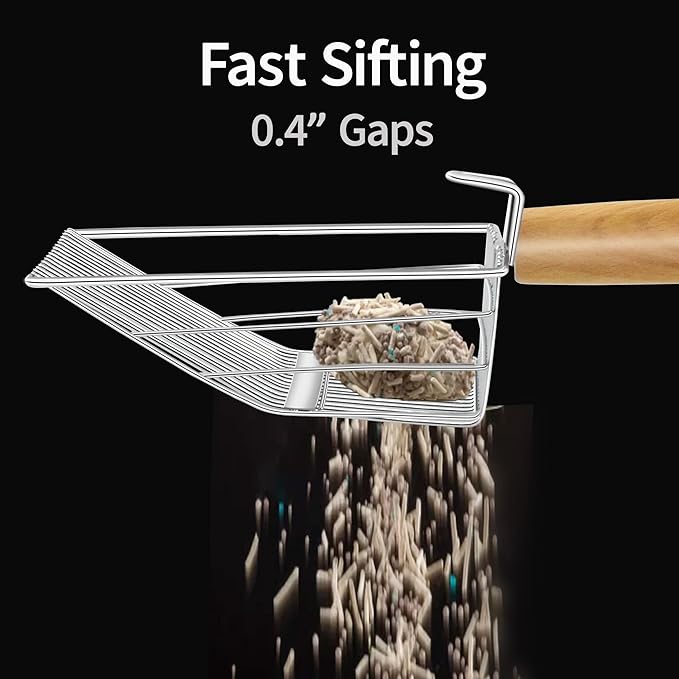 UFECODO Fast Sifting Cat Litter Scoop with Holder Stand, 2 Widths of Slots Stainless Steel Poop Scooper with Ergonomic Wood Handle, Heavy Duty and Easy Clean