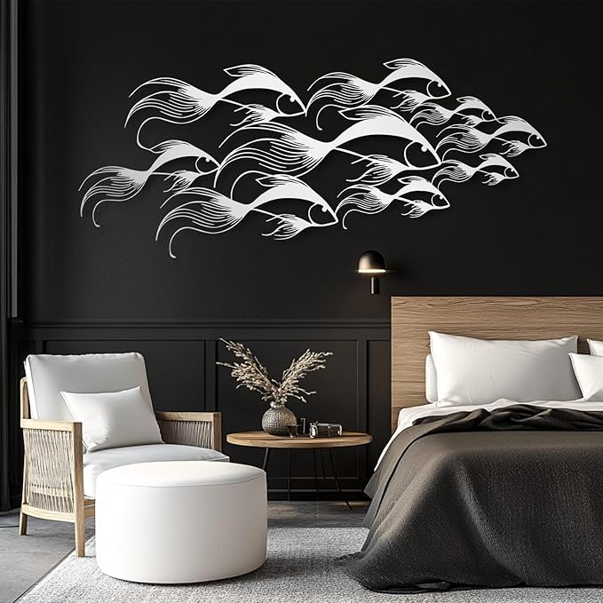 School of Fish Metal Wall Art, Metal Fish Wall Decor, Sea Life Wall Art, Large Nautical Wall Hanging, Modern Beach House Wall Decor, Ocean Themed Artwork for Bathroom (Gold, 41"x18" | 105x45cm)