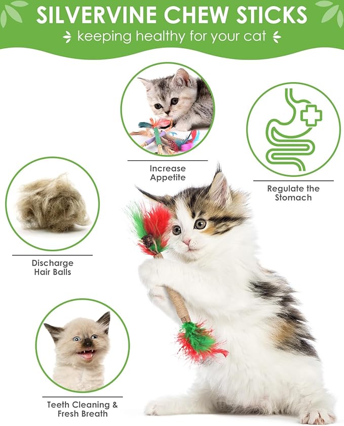 TINDTOP Cat Chew Toys, 12 Pack Silvervine Chew Sticks with 2 Pack Chew Ropes for Kittens Teeth Cleaning, Increase Appetite, Aggressive Chewers Cat Dental Toy