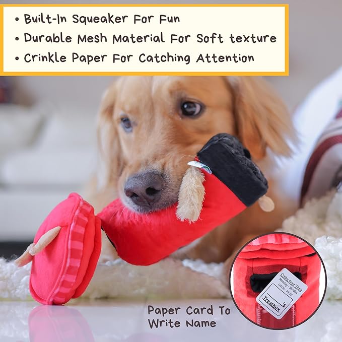 British Postbox Treat-Dispensing Soft Plush Squeaky Pet Toy - Iconic UK Enrichment Gift, Durable Cute & Fun Toy for Interactive Play, Hide Food for Nose-Work Puzzle, Small Medium Dogs