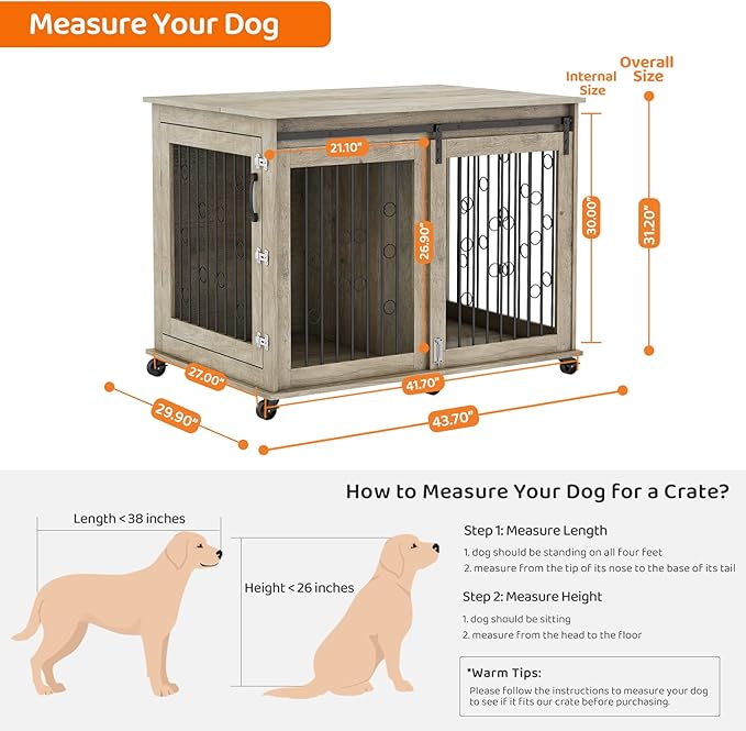IchbinGo Large Dog Crate Furniture with Sliding Barn Door, 43.7" Wooden Dog Kennel End Table with Wheels and Flip-top Plate Dog House with Detachable Divider for Small/Medium/Large Dog (Rustic Grey)