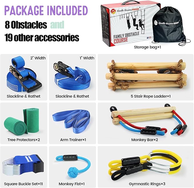2×56ft Ninja Warrior Obstacle Course for Kids - 600 lbs Weight Capacity, Slackline Obstacle Course with 8 Ninja Accessories - Monkey Bar, Rope Ladder, Gymnastic Ring, Arm Trainer and Monkey Fist