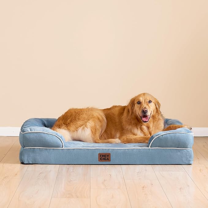 EHEYCIGA Orthopedic Dog Beds for Extra Large Dogs, Waterproof Memory Foam XL Dog Bed with Sides, Non-Slip Bottom and Egg-Crate Foam Big Pet Bed with Washable Removable Cover, Washed Blue