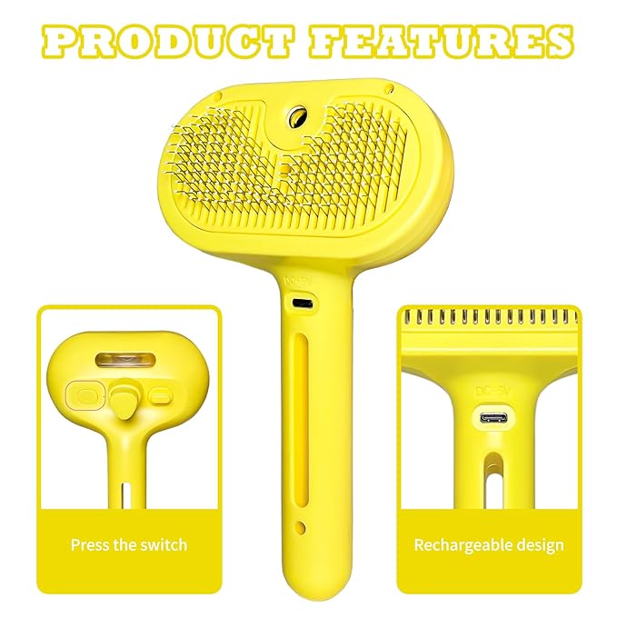 Cat Brush for Shedding - Pet Hair Removal Comb with Water Tank, Steam Brush, Cat Bath Brush, Dog Brush - Yellow
