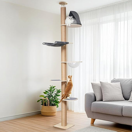 FUKUMARU Floor to Ceiling Cat Tree, 6 Level Adjustable Height (5.7-9.8 ft) Climbing Tower with Thickened Scratching Posts, Cats Activity Center with Transparent Capsule and Cozy Hammock