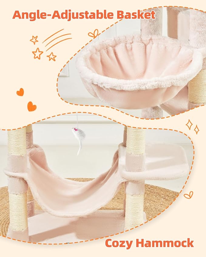 Taoqimiao Cat Tree, 66.2-Inch Cat Tower for Indoor Cats, Plush Multi-Level Cat Condo with 12 Scratching Posts, 2 Perches, 2 Caves, Hammock, 2 Pompoms, Jelly Pink MS013P