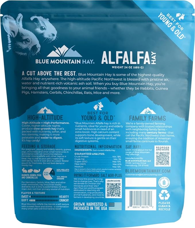 Blue Mountain Hay | Fresh Alfalfa Hay (24 Ounce) | High Leaf Retention | Nutritious High-Altitude Hay Pet Food for Rabbits, Guinea Pigs, Chinchillas, Hamsters, and Other Small Pets