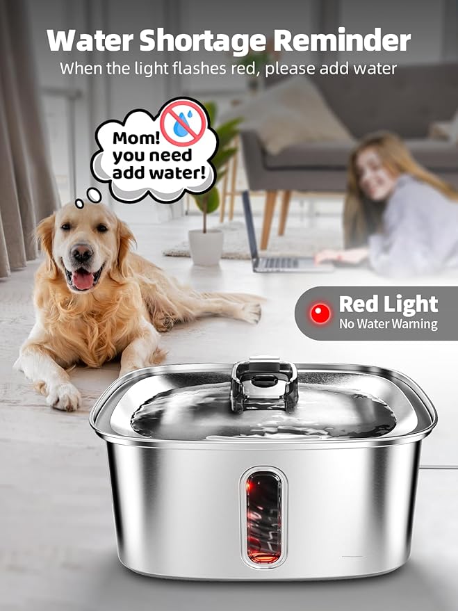 Dog Water Fountain for Large Dogs, 9L/2.4Gal Stainless Steel Dog Fountain with Water Level Window & Filtration, Automatic Pet Water Bowl Dispenser Indoor, Super Quiet for Multi-Pet