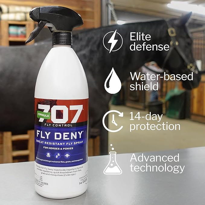 Formula 707 Fly Deny Spray for Horses & Ponies, Sweat-Resistant 14-Day Protection from Flies, Gnats & Mosquitoes, Repels and Kills, 32 Oz