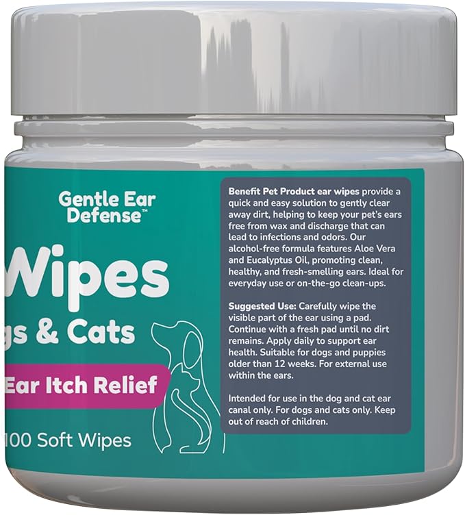Benefit Pet Products Dog Ear Wipes - Ear Cleaner for Dogs to Prevent Infections, Itching & Odor - Aloe & Eucalyptus, Grooming Wipes - 100 Count