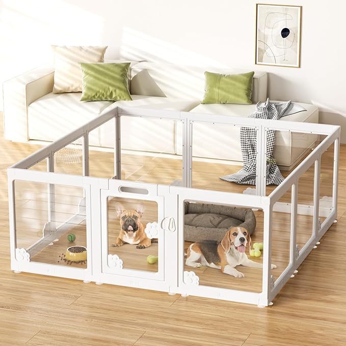 Acrylic Clear Dog Play Pen Indoors, Puppy Playpen with Door for Small Dogs Puppies, Transparent Plastic Pet Playpen Cage Fence Crate Kennel for Cat Kitten Rabbit Bunny Ferret etc (White-12 Panels)
