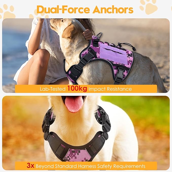 Heavy-Duty Tactical Dog Harness for Large Dogs, No Pull Adjustable Reflective Pet Vest with Molle System, K9 Military-Grade Control for Service Training, Outdoor & 10+ Breeds, Purple Camo, Large