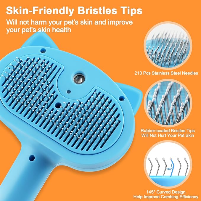 Cat Steam Brush for Shedding, 4 in 1 Steamy Cat Brush with Release Button, Self Cleaning Metal Pet Misting Hair Comb with Handle for Grooming Kitten Dog(Blue)