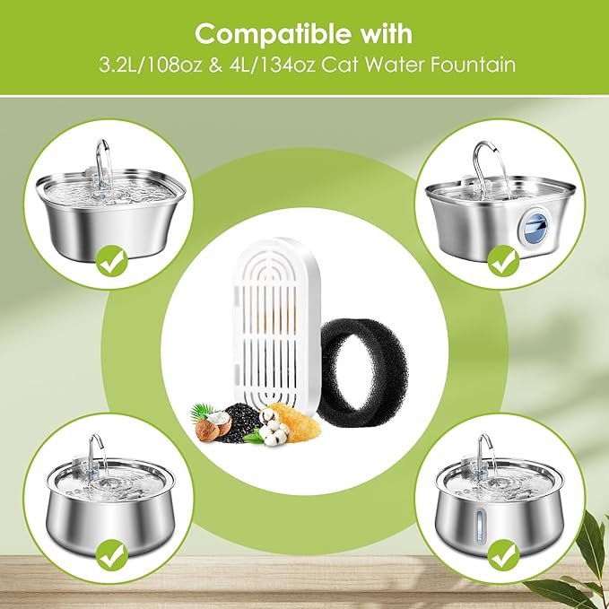 Cat Water Fountain Filters, 9 Pack Replacement Filters & Replacement Pre-Filter Sponges for Stainless Steel Pet Fountain with Water Level Window, Fountain Carbon Filters for Dog Water Dispenser Bowl