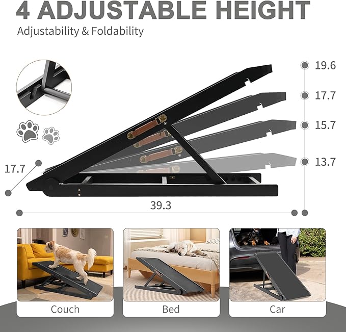 ABORON Dog Ramp,Adjustable Folding Pet Ramp for Bed,Couch,SUV - High Traction Portable Rubber Paw Ramps,Great for Small & Large Old Dogs & Cats, Supports up to 200 lbs,39.3''Long