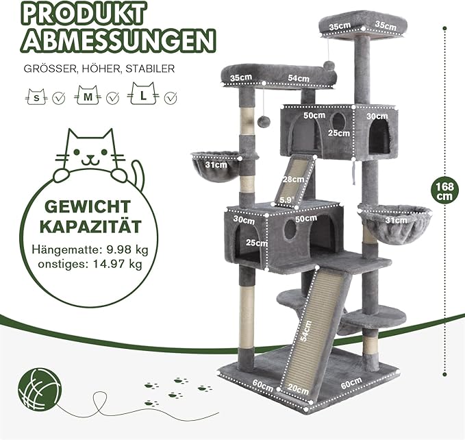 MUTICOR 66 Inches Multi-Level Large Cat Tree Tower for Indoor Big Feline/Cozy Plush Perches/Condo/Sisal Scratching Posts/Hammock and Baskets/Activity Center Play House/Wide Base/Grey