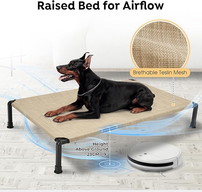 Veehoo Heavy Duty Elevated Dog Bed - Raised Dog Cot with Washable & Breathable Teslin Mesh, Non-Slip Silicon Feet, Cooling for Indoor or Outdoor, 47" x 29", Beige Coffee