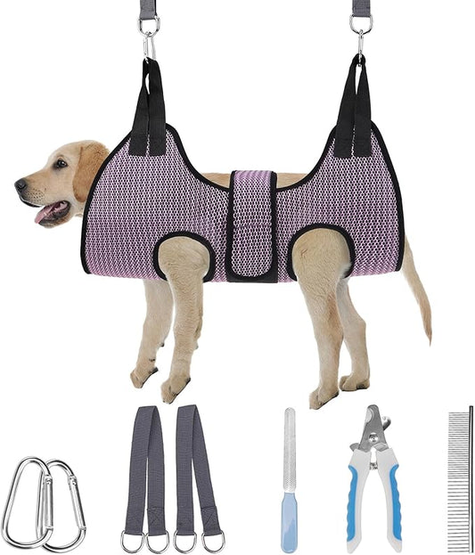 PAWCHIE Dog Grooming Hammock Harness for Dogs & Cats with Pet Nail Clipper Trimmer- Breathable Cat Hanger Sling for Trimming Clipping Nails-Dog Hammock Restraint Bag for Small Medium Large Dog, Pink M