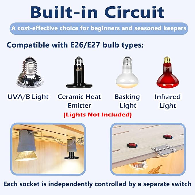 Bearded Dragon Tank, Reptile Enclosure, Snake Tank, Reptile Terrarium, Built-in Light Fixtures with Switch, (23 Gallon, 24" Long, Clear Acrylic Roof)