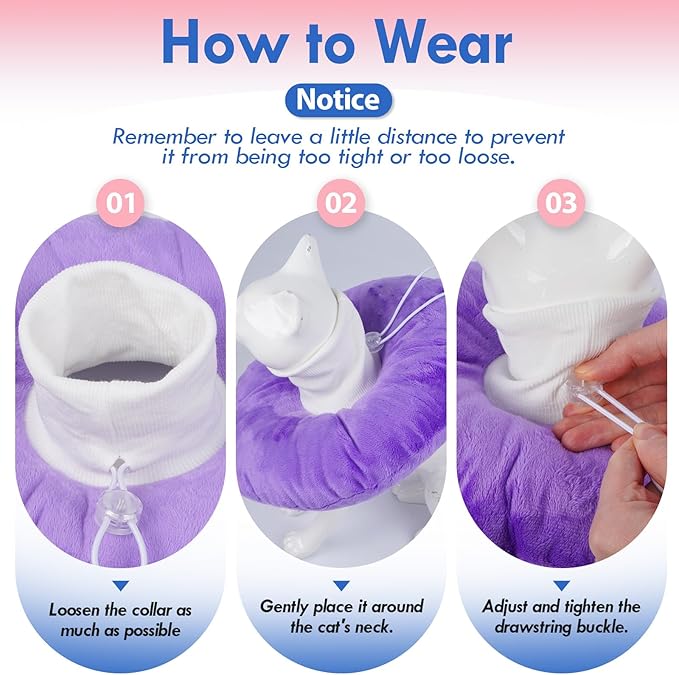 Lightweight Soft Cat Cone After Surgery, Adjustable Donut Collar with Drawstring Buckle, Scratch Resistant, Machine Washable, Suitable for Head/Foot Wounds Recovery, Purple Large