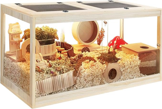 Hamster Cage with Openable Metal Mesh Top,Solid Built Hamster Enclosure with Lock Design for Gerbil Cage,Hamster Habitat Chewproof with Transparent Panels (24"x16"x16")