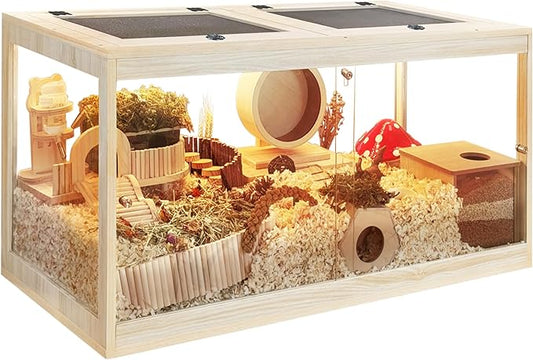 Hamster Cage with Openable Metal Mesh Top,Solid Built Hamster Enclosure with Lock Design for Gerbil Cage,Hamster Habitat Chewproof with Transparent Panels (24"x16"x16")