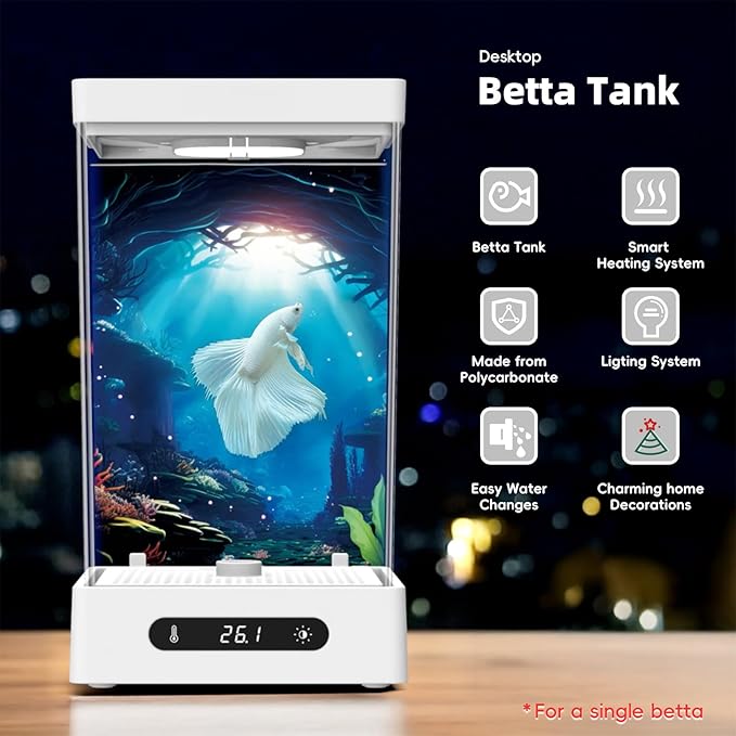 Betta Fish Tank, Smart Automatic Heating, Easy Water Change Valve, and Energy-Efficient LED Lighting - Perfect for Office, Home, and Bedrooms