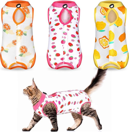 Nuanchu 3 Pieces Cat Recovery Suit Kitten Recovery Suit E-Collar Alternative for Cats and Dogs Abdominal Skin Anti Licking Pajama Clothes Sets(Fruit Pattern,Small)