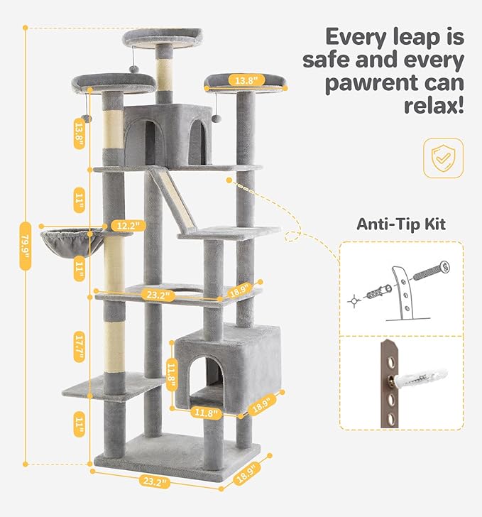 Made4Pets Tall Cat Tree, 80" Cat Tree Tower for Indoor Cats Large Adult, Modern Cat Tower with Scratching Post, Cozy Hammock, 3 Perches and 2 Condos, Sturdy and Fluffy, Light Gray