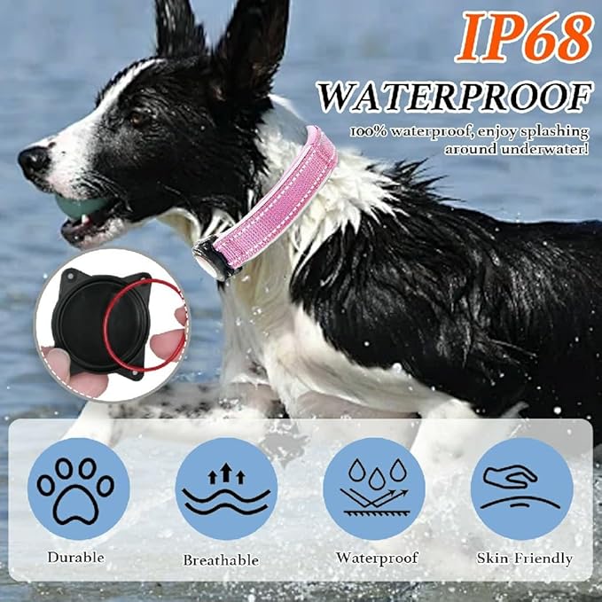 Upgraded AirTag Dog Collar, IP68 Waterproof Dog Collar with Apple Air Tag Holder, Reflective Adjustable Heavy Duty Dog Collars with Soft Padded for Small, Medium and Large Dogs,Pink, M