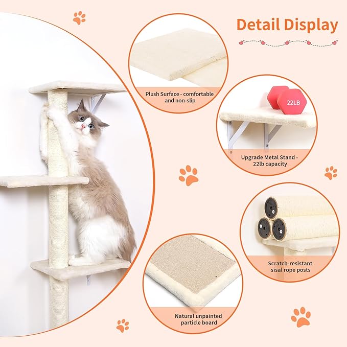 Modern Wall-Mounted Cat Furniture - 5pcs Cat Wall Shelves, Wooden Climber Includes House, Bridge, Tree, Steps, and Scratcher