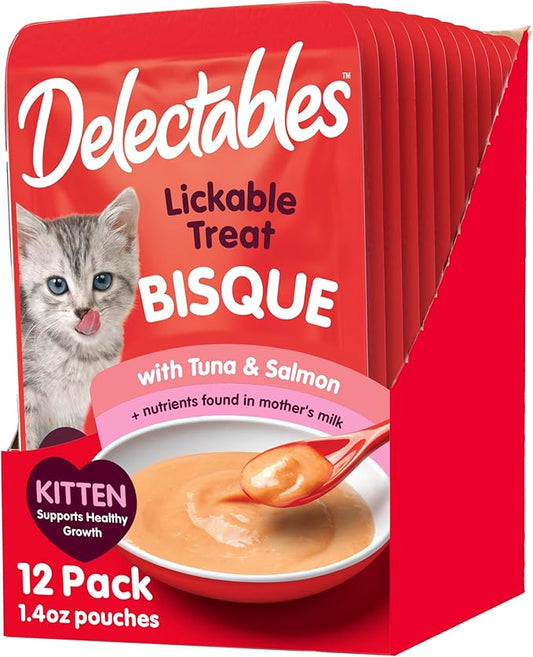Hartz Delectables Bisque for Kittens, Complete & Balanced Tuna & Salmon Cat Wet Lickable Treats, 12 Count