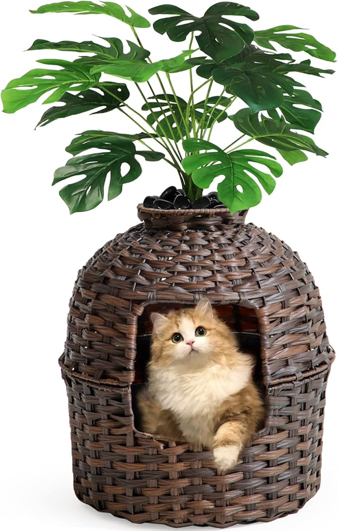 Cat Litter Box Plant Furniture Enclosure, Hidden Handwoven Rattan with Cat Litter Box and Artificial Plants, Odor Control Filter, Real Stones in Living Room, Bedroom, Corner (Brown)