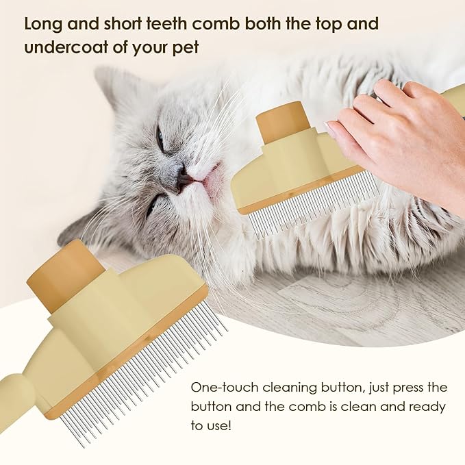Flea Comb for Cat Hair Removal Comb, 2025 New Self-Cleaning Flea Brush for Cats and Dog, Comfort Cat Hair Removal Tool with Long & Short Stainless Steel Metal Grooming Brush(Yellow)