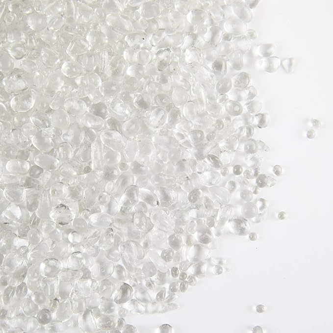 TWINKLING High Luster Round Fire Glass Stones, Marbles, Pebbles, Beads Gems for Fire Pit Vase Fillers Crafts Aquarium Garden Decoration, 3-6mm, 1-Pound Jar (Crystal)